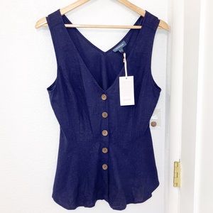 NWT ModCloth Linen Peplum Sleeveless V-Neck Navy Blouse SZ: Large